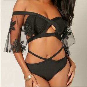 Small Embroidered Lace Off Shoulder Bodysuit